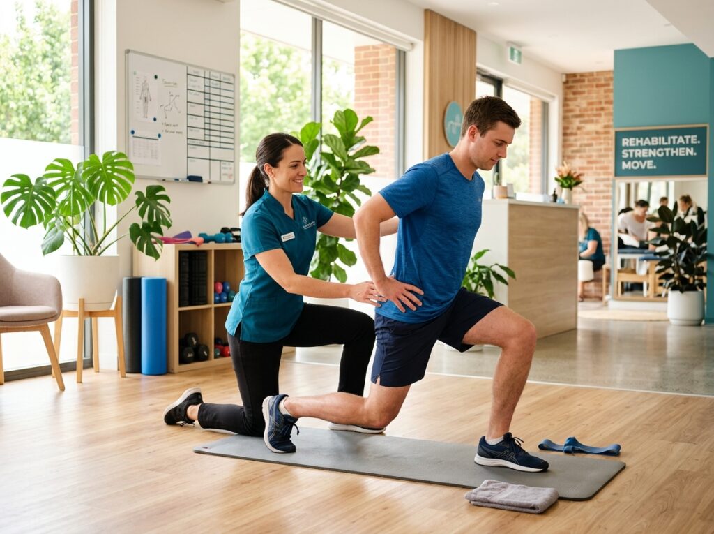 Female physiotherapist guiding active patient through rehabilitation in modern clinic